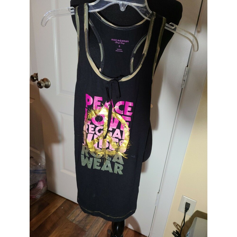 Rocawear Sleep Sexy gold peace sign Razor back Tank Top Womens Small $32